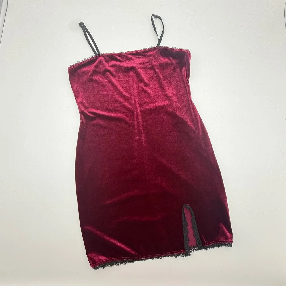 Forever 21 Velvet Lace Slip Mini Dress Burgundy Large Stretch Whimsygoth‎ Vamp